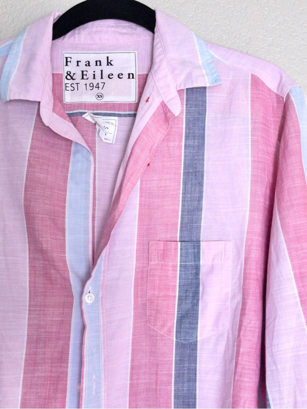 Frank & Eileen Italian Cotton Eileen Button-Up Shirt XS Pink Navy Wide Stripe - Picture 4 of 9
